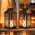 Homemory Solar Lanterns Outdoor Waterproof Hanging with Flickering Flameless Candles, 2 Pack 13'' Garden Outdoor Lantern Decorative for Patio Front Porch Backyard Balcony Cabin Outside(Antique Copper)