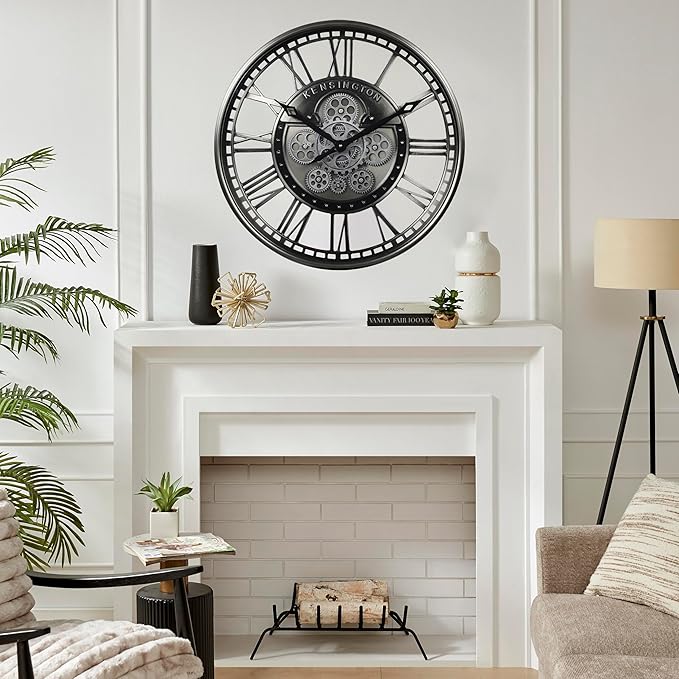 CLXEAST 21 Inch Modern Moving Gears Wall Clock for Living Room Decor,Industrial Steampunk Clocks for Farmhouse Home Decor,Roman Numerals,Gunmetal Nickel Finish