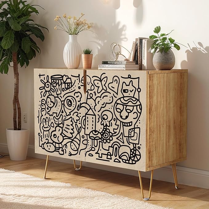 SIGNWIN Sideboard Buffet Cabinet, Kitchen Storage Cabinet with 2 Doors, Geometric Floral Botanical, Cupboard Console Table for Dining Room - 35" L x 18" W x 29" H