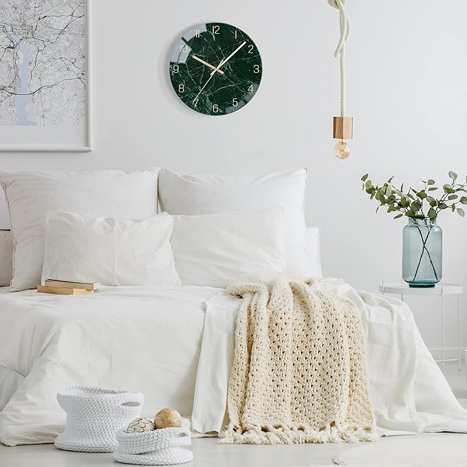 VIKMARI Glass Wall Clock Silent Non Ticking Wall Clock- 12 Inch Quality Quartz Battery Operated Round Easy to Read Home/Office/Classroom/School Clock (Dark Green)