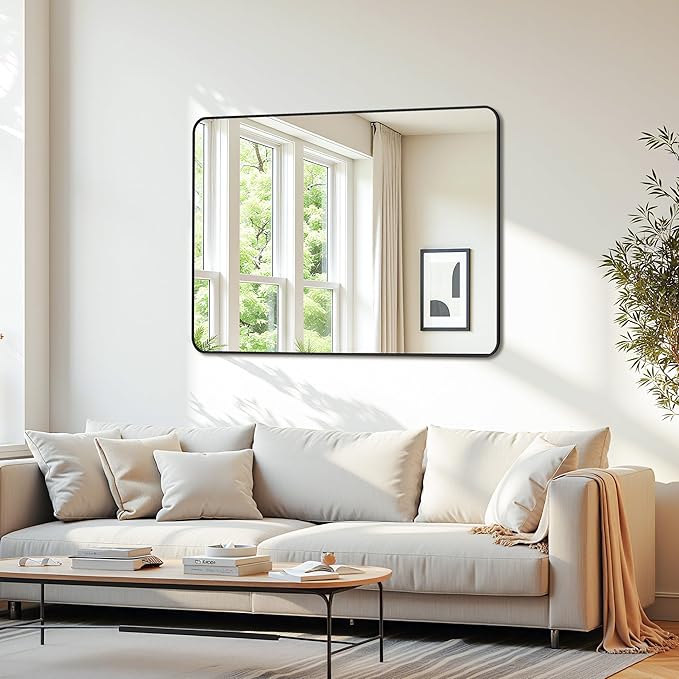 Bathroom Mirror 48" x 36", Large Rectangle Wall Mirror, Black Metal Frame Wall Mounted Mirrors for Bathroom, Vanity, Bedroom, Entryway Decor(Horizontal/Vertical)