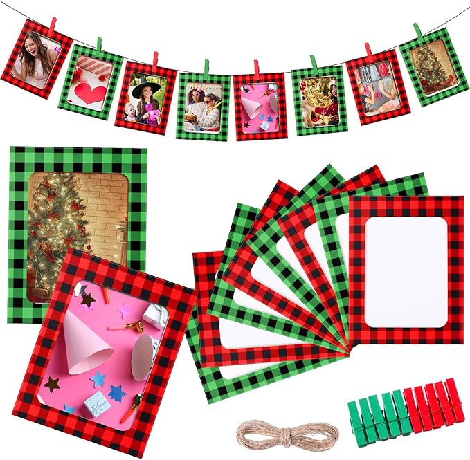 Janlaugh 100 Pcs Christmas Paper Photo Frames 4x6 Red and Green Paper Picture Frame with 100 Clip 10 String Kit DIY Hanging Cardboard Photo Holder Christmas Wall Decor Wedding Home