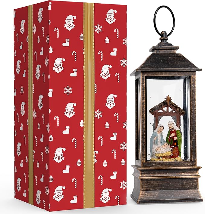 10'' Musical Snow Globe Lantern Lighted Nativity Manger Scene Water Lantern Swirling Glittering Home Decoration and Gift, Battery Operated or USB Powered