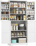 HOMCOM 72" Farmhouse Kitchen Pantry Cabinet, Freestanding Tall Storage Cabinet with 4 Barn Doors, 4 Adjustable Shelves and 8 Door Shelves, Embossed White Wood Grain