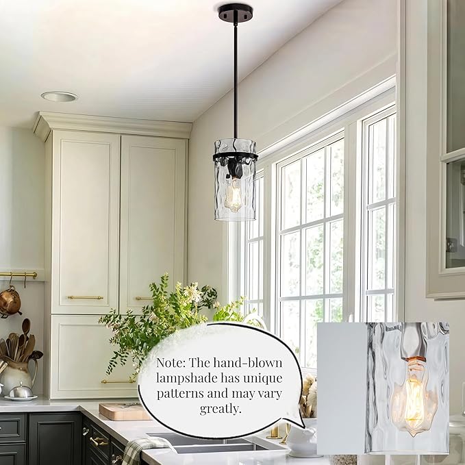 Farmhouse Hammered Hand-Blown Glass Pendant Light, Black Pendant Lights Kitchen Island, Modern Pendant Light Fixtures Island Lights for Kitchen Dining Room Light for Farmhouse Pendant Lighting 1 Pack