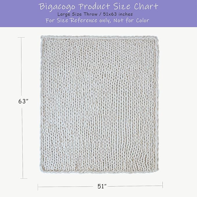 Bigacogo Chunky Knit Throw Blanket for Couch, 51x63 inches, 100% Hand Knitted with Thick Jumbo Chenille Yarn, Cozy Soft Large Rope Knot Cable Crochet Blankets for Sofa Bed Living Room, White