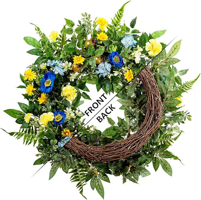 WANNA-CUL 24 Inch Spring Summer Carnation Wreaths for Front Door, Spring Front Door Wreath with Blue &Yellow Flowers Door Wreath with Pomegranates,Daisy for Wedding
