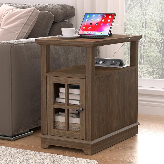 HIFYOBRO Narrow End Table with Flip Top Charging Station, Side Table Living Room, Adjustable Shelf & Power outlets, Bedside Table with Storage for Bedroom