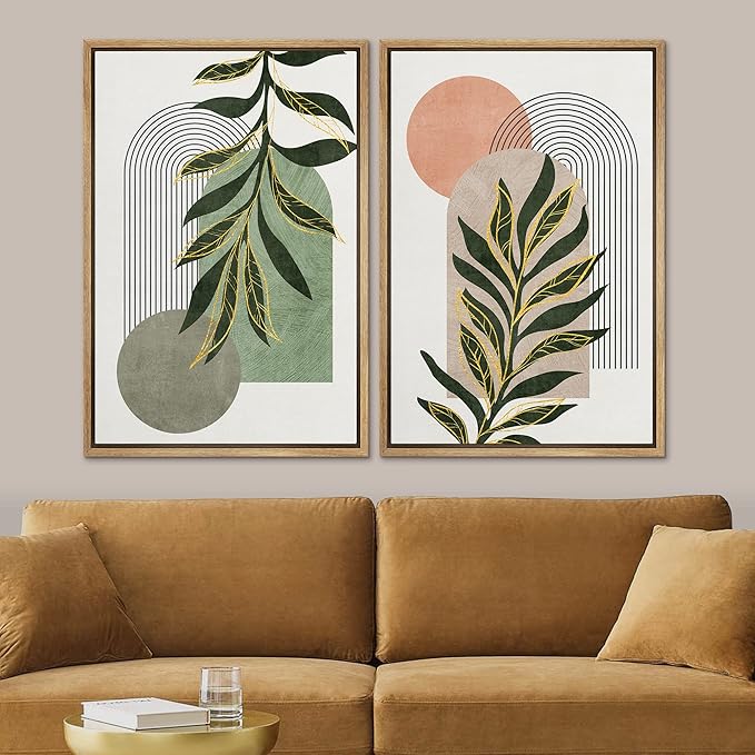 SIGNFORD Framed Canvas Print Wall Art Set Jungle Palm Leaf Geometric Polygons Abstract Shapes Illustration Modern Art Decorative Nordic Nature for Living Room, Bedroom, Office - 24"x36"x2 Natural
