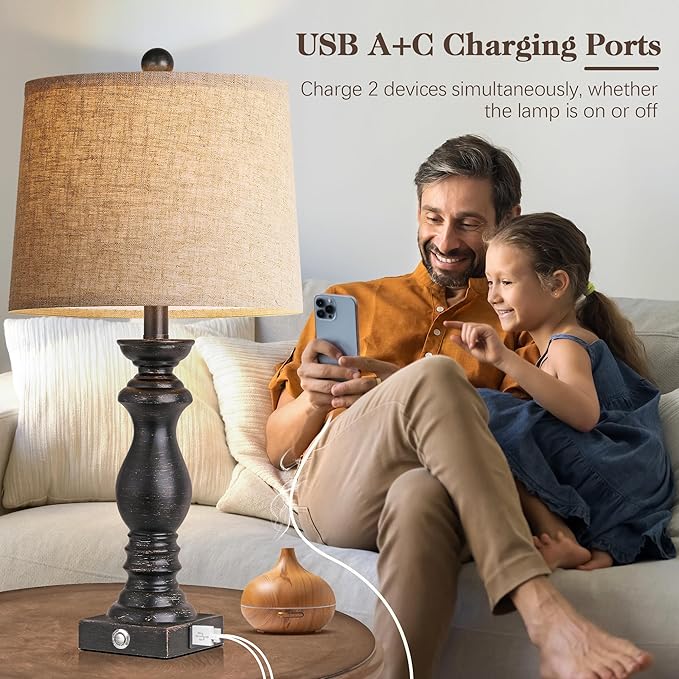 24.5" Table Lamp Set of 2, Rustic Farmhouse Bedside Lamps with USB A+C Charging Ports, 3-Way Dimmable Touch Control Nightstand Lamps for Living Room Bedroom, Antique Black, LED Bulbs Included