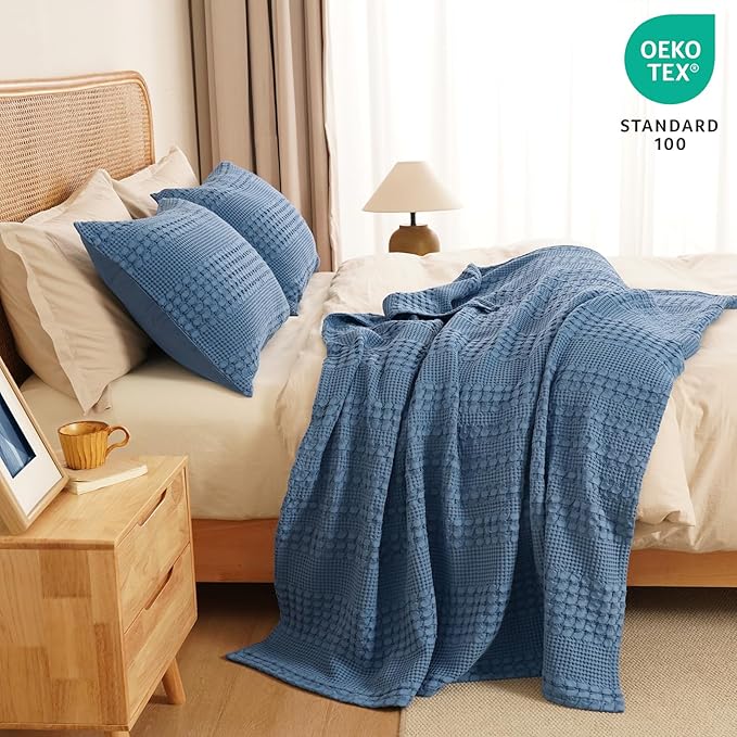 PHF 100% Cotton Waffle Weave Throw Blanket, Soft Lightweight Breathable Cozy Summer Throws for Couch Bed Sofa, Luxury Aesthetic Woven Blanket for Home Decor & Office, 50"x60", Captain's Blue