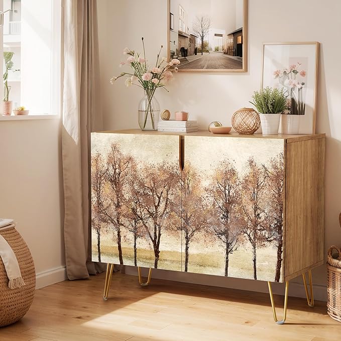SIGNWIN Sideboard Buffet Cabinet, Kitchen Storage Cabinet with 2 Doors, Autumn Pastel Watercolor Forest Trees, Cupboard Console Table for Dining Room - 35" L x 18" W x 29" H
