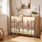 SIGNWIN Sideboard Buffet Cabinet, Kitchen Storage Cabinet with 2 Doors, Autumn Pastel Watercolor Forest Trees, Cupboard Console Table for Dining Room - 35" L x 18" W x 29" H