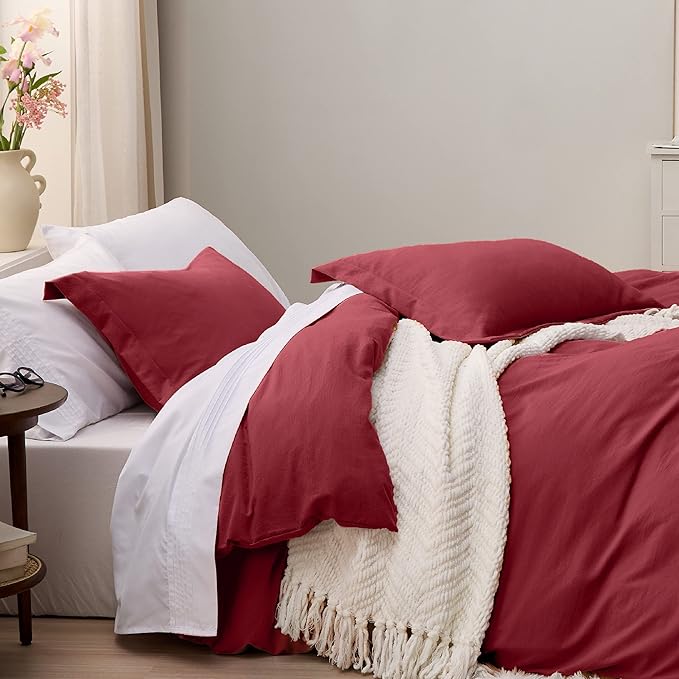 Bedsure Red Duvet Cover Queen Size - 3 Pieces Prewashed Cotton-Like Extra Soft Bedding Set, Includes 1 Duvet Cover 90x90 Inches with Zipper Closure & 2 Pillow Shams, Comforter Not Included