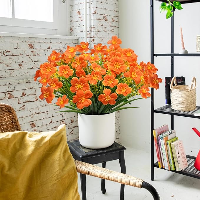 Krissing 8 Pcs Fall Artificial Outdoors Flowers,UV Resistant Fake Fall Plastic Flowers Fuax Fall Shrubs for Outdoors Autumn Home Garden Porch Window Box Thanksgiving Fall Outdoor Decor (Orange)