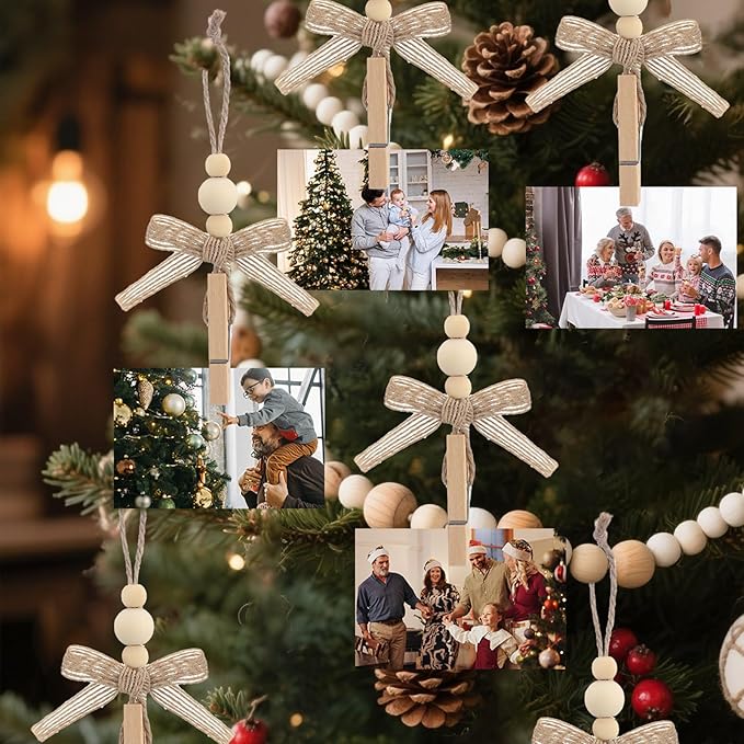 24 Pcs Christmas Hanging Photo Display Clips Boho Wooden Bead Photo Clips for Christmas Tree Decor Hanging Card Picture Display Holder for Xmas Holiday Wedding Party Decoration