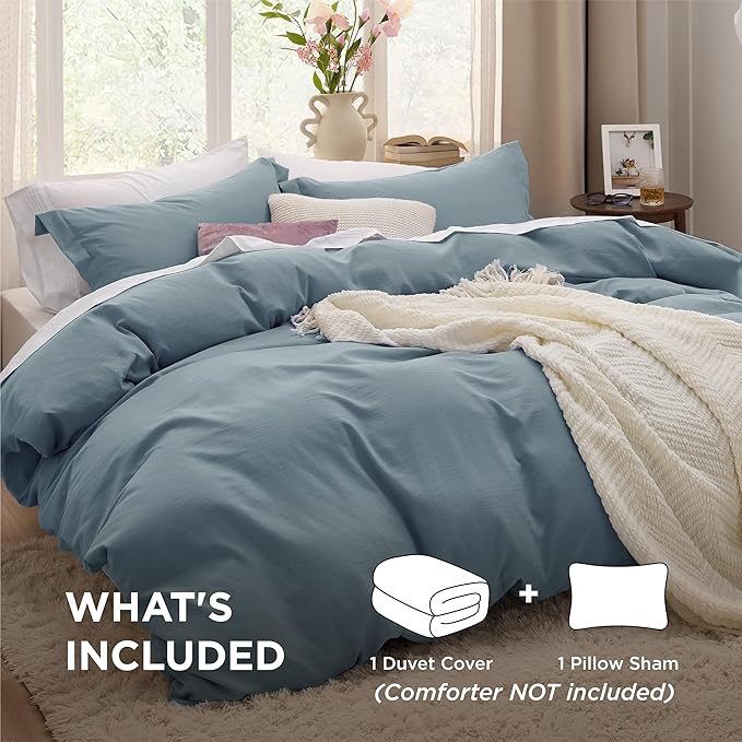Bedsure Mineral Blue Duvet Cover Twin/Twin XL Size - 2 Pieces Prewashed Cotton-Like Extra Soft Bedding Set, Includes 1 Twin Duvet Cover 68x90 Inches with Zipper Closure & 1 Pillow Sham, No Comforter