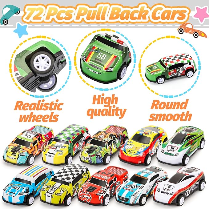 SevenQ Toy Cars Party Favors for Kids, 72Pcs Pull Back Cars Playsets with Storage Box, Mini Toys Race Cars for Kids Goodie Bags Toddler Toys Bulk Prizes Rewards