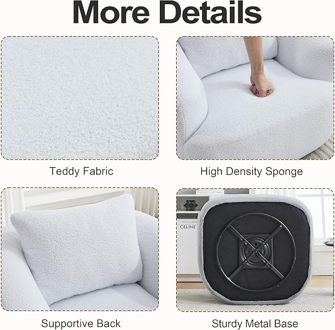 Luxlen Swivel Accent Chair with Pillow for Living Room, Teddy Fleece Upholstered Single Sofa, 360° Rotating Barrel Chair with Metal Base for Bedroom, Office, Apartment - White