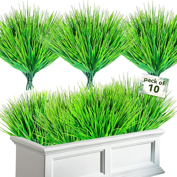 10 Bundles Artificial Grass Plants,Outdoor Faux Grass Plant UV Resistant Fake Plastic Wheat Grass for Indoor Outdoor Fake Realistic Grass for front porch yard patio balcony Garden Decoration- Green