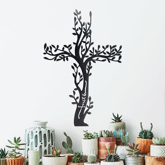 Ecqizer Unique Tree of Life Wall Cross, Artistic Cross Wall Decor, Ideal for Home & Kitchen, Subtle Wall Sculpture Art, 16 Ã— 11 Inch, balck