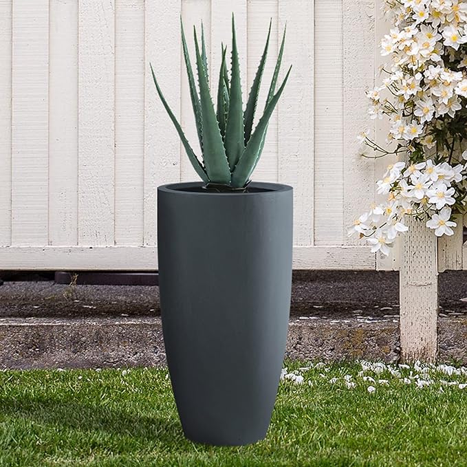 Kante 23.6" H Charcoal Concrete Tall Planters (Set of 2), Large Outdoor Indoor Decorative Plant Pots with Drainage Hole and Rubber Plug, Modern Style for Home and Garden