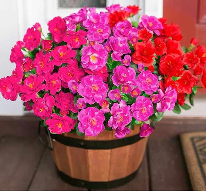 Ivydale Artificial Faux Outdoor Flowers Plants for Fall Decor, Fake Silk Colorful Camellia UV Resistant Look Real for Planter Outside Porch Patio Balcony Garden Yard Home Decoration, 3 Large Bundles