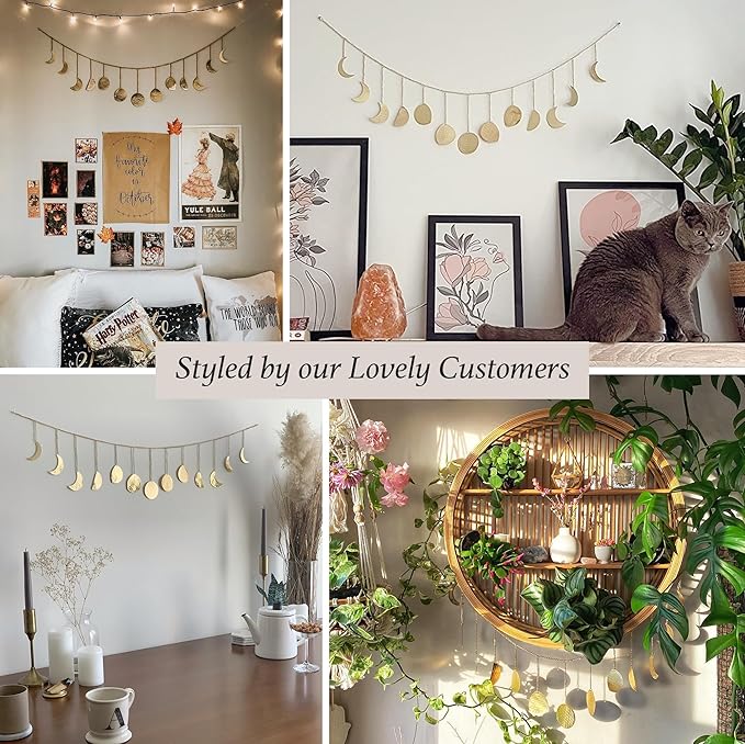 BASE ROOTS Moon Phase, Gold Wall Decor for Bedroom & Living Room, Bohemian Wall Decor, Handmade Hammered Metal 36" 13 Phases Moon, Celestial Wall Art, Gift for Women & Kids