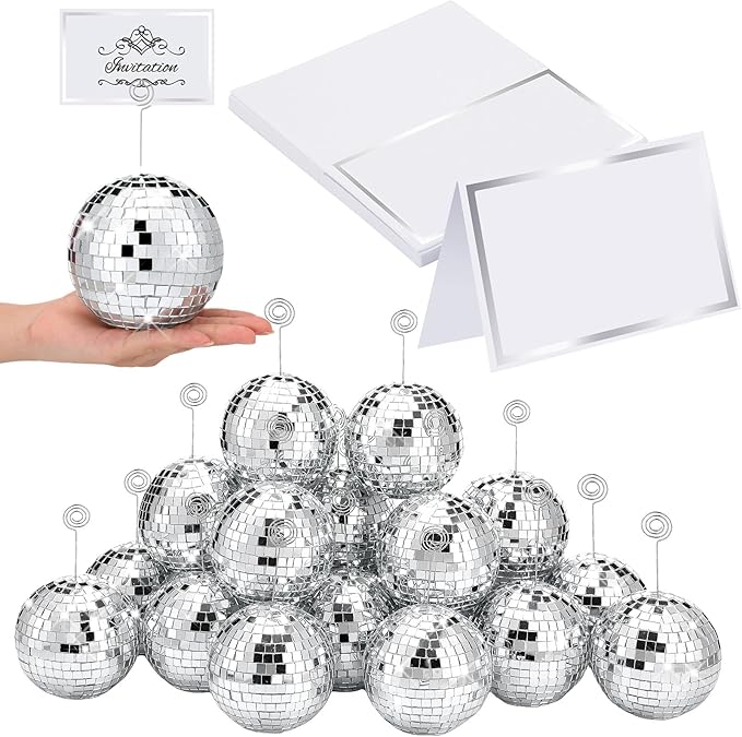 Maitys 60 Pcs Disco Ball Table Number Holders Silver Place Card with Swirl Wire Name Cards Photo Stand Clips Picture Holder for Christmas Wedding Party Favor (4 Inch)