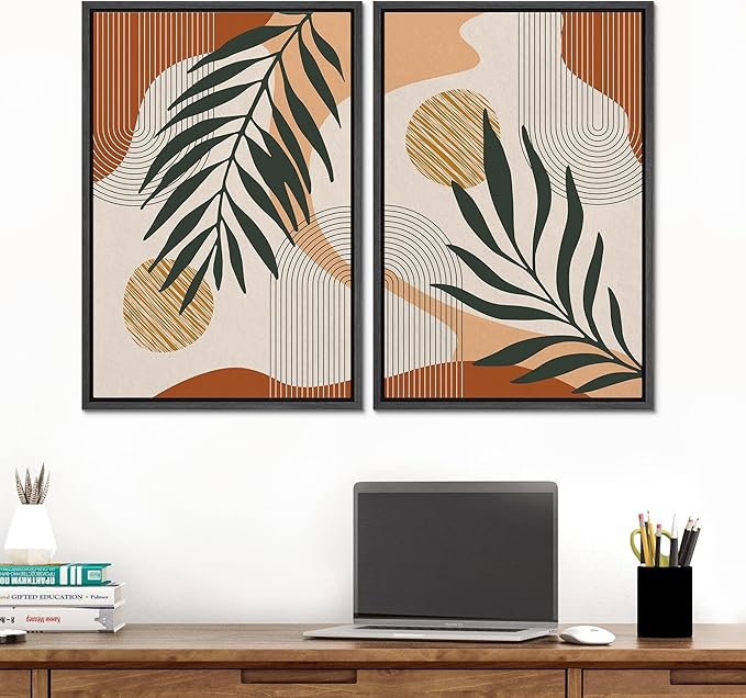 SIGNFORD Framed Canvas Print Wall Art Mid-Century Palm Leaf and Geometry Symbols Abstract Shapes Illustrations Modern Boho Nature Colorful Chic for Living Room, Bedroom, Office - 16"x24"x2 Black