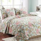 Cozy Line Home Fashions Blooming Red White Floral 100% Cotton Reversible Quilt Bedding Set, Coverlet Bedspread (Camellia Green, Queen - 3 Piece)