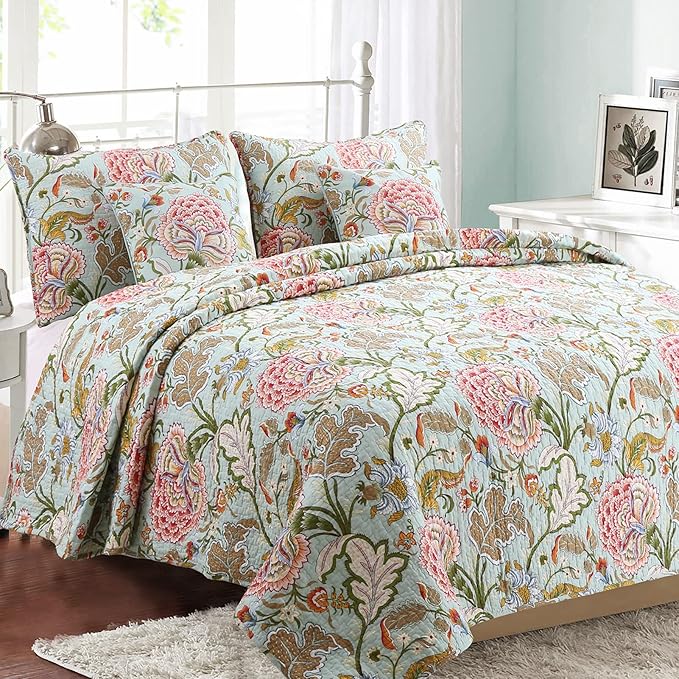 Cozy Line Home Fashions Blooming Red White Floral 100% Cotton Reversible Quilt Bedding Set, Coverlet Bedspread (Camellia Green, Queen - 3 Piece)