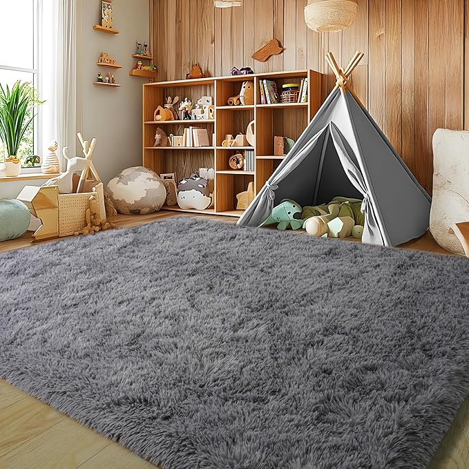 9 x 12 Large Area Rugs for Living Room, Ultra Fluffy Plush Rug for Living Room Bedroom, Thick Fluffy Carpet for Girls Boys Kids Room, Non Slip Dorm Rug for Home Decor Aesthetic, Dark Grey