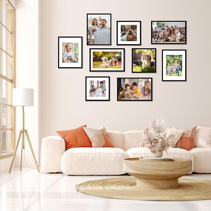 FIXSMITH 12x16 Picture Frame Set of 4, Photo Frame with HD Plexiglass, Display Pictures 8.5x11 with Mat or 11x17 Without Mat, Black Picture Frames Collage Wall Decor, Gallary Wall Frame
