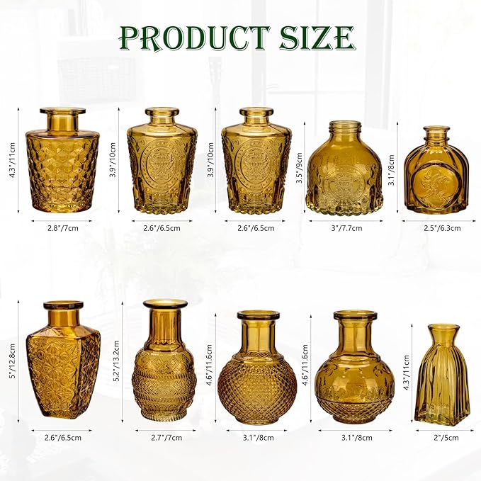 Glass Bud Vases Set of 10, Small Flower Vase in Bulk for Centerpieces, Mini Vintage Amber Vases for Rustic Wedding Vintage Home Table Decor