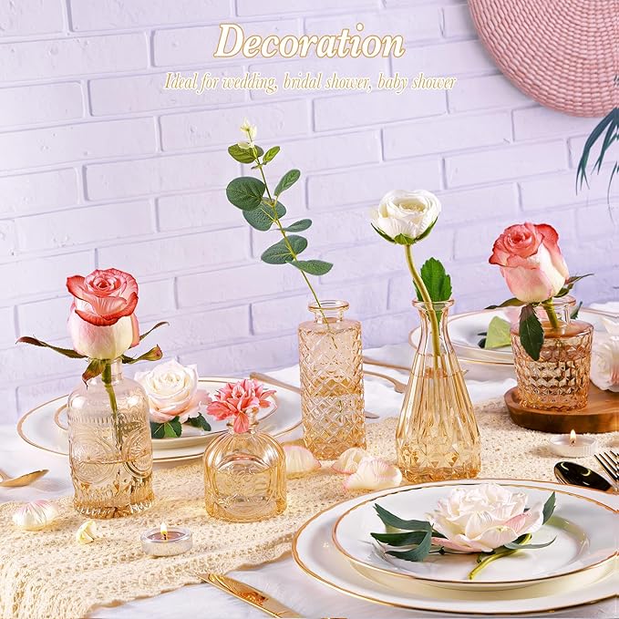 Amber Glass Bud Vases Set of 5, Gold Flower Vase for Centerpieces, Small Clear Vases in Bulk for Wedding Decorations, Vintage Vase for Table, Recepetion, Home Décor