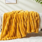 NEWCOSPLAY Super Soft Throw Blanket Mustard Yellow Premium Silky Flannel Fleece 3D Ribbed Jacquard Lightweight Bed Blanket All Season Use (Mustard Yellow Ribbed, Throw(50"x60"))