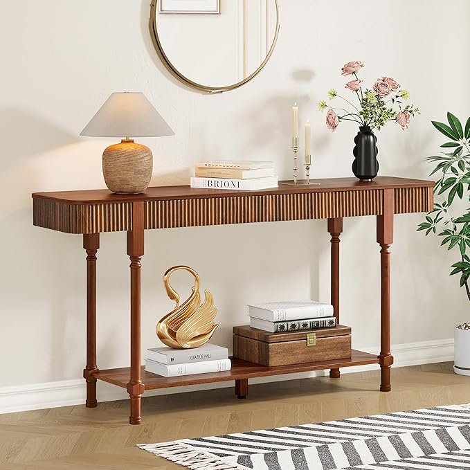 63”Console Table with 2 Drawers, Farmhouse Entryway Table with Fluted Panel & Storage Shelf,Narrow Long Behind Couch Tables Accent Sofa Table with Solid Wood Legs for Living Room Foyer Hallway(Walnut)