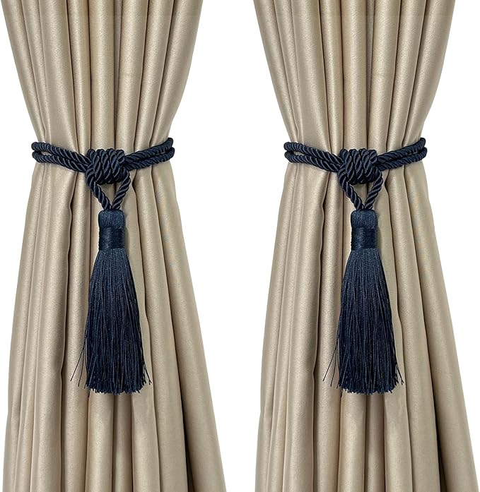 Fenghuangwu Curtain Tiebacks Tassel Tie-Backs, Rope Curtain tie Backs Handmade Curtain Holdbacks Made from Polyester (Navy, 2p)