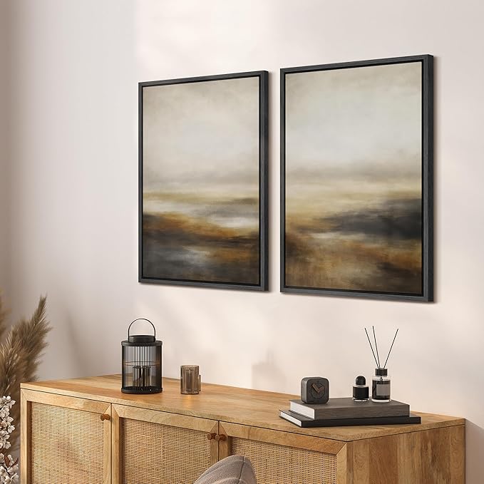SIGNFORD Framed Canvas Print Wall Art Set Abstract Neutral Landscape Modern Beige and Brown Illustration Modern Art Decorative Nordic Nature for Living Room, Bedroom, Office - 24"x36"x2 Black
