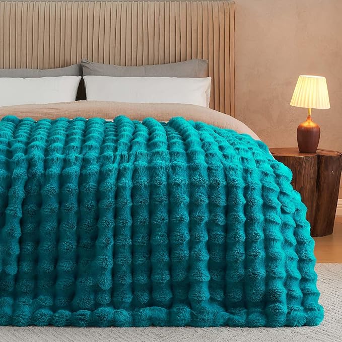 Lotus Karen Faux Fur Teal Throw Blanket - Big Bubble Rabbit Fluff Blanket for Couch Bed Sofa,Softest Fluffy Fuzzy Cozy Blanket,Thick Furry Plush Shaggy Warm Blankets for Women,50x60 Inches