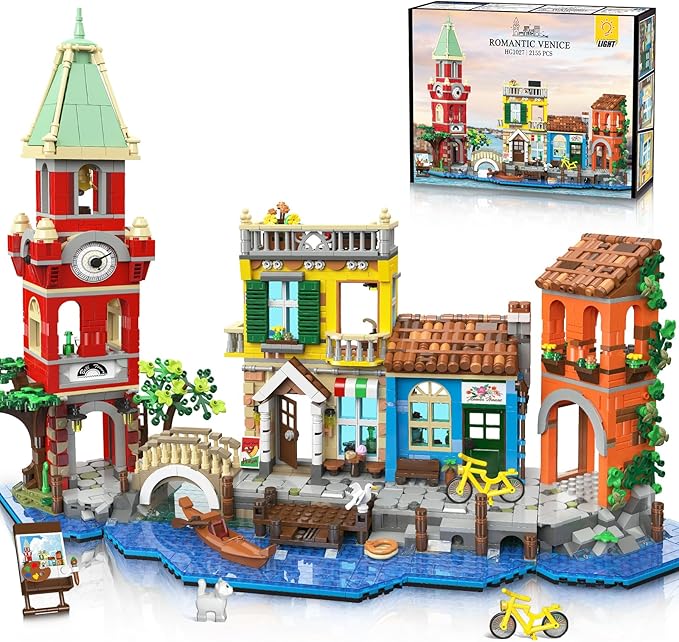 Venice Main Street Building Set for Adults, 2155 PCS City Riverside House Building Block Kit with Light Flower Shop Pizzeria, Home Decor Architecture Brick Model Women Men Teen Girl 12+