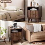 Nightstand Set of 2 with Charging Station, Modern Fluted 2 Drawers End Tables, Side Tables with Storage Shelf for Bedroom, Office, Walnut