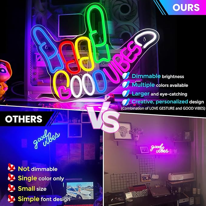Good Vibes Neon Sign, Dimmable Good Vibes Only Neon Signs Light with ON/OFF Switch, USB Powered Neon Signs for Wall Decor, Colorful Light Up LED signs for Bedroom Game Room Party Club Decor