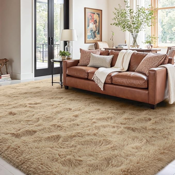 8x10 Ft Extra Large Shag Beige Rugs for Living Room Bedroom, Ultra Soft Fluffy Furry Area Rugs for Playroom Indoor Floor, Aesthetic Carpet for Kids Home Decor