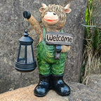 Solar Garden Decor Statues: Handmade Resin Statue with LED Light,Highland Cow Figurine Outdoor Garden Decor Unique Gifts for Women, Mom, Grandma (Green cow1)