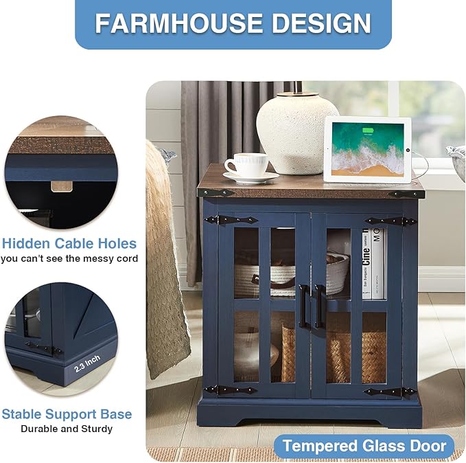 Farmhouse End Table with Charging Station,24" Large Side Table with Glass Door, Rustic Wood Nightstand Bedside Table with Adjustable Storage Shelf for Living Room, Bedroom, Navy Blue,2 Pack