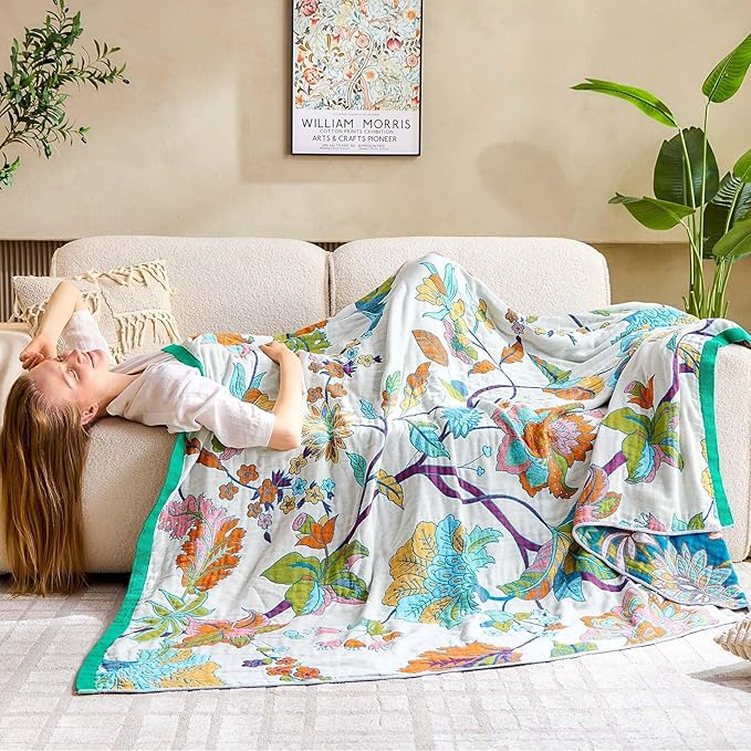 Summer Throw Blanket, 90"x98" Reversible Bohemian Flower Blanket, 100% Cotton Muslin Breathable Woven, Farmhouse Decorative Throw Blanket