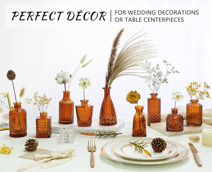 12Pcs Glass Bud Vase Set, Small Dark Brown Flower Vase for Centerpieces, Bud Vases in Bulk, Mini Vintage Vase for Rustic Wedding Decorations（Amber）