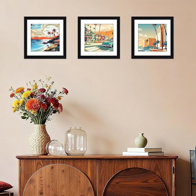 FIXSMITH 10x10 Picture Frame Set of 4, Photo Frame with HD Plexiglass, Display Pictures 8x8 with Mat or 10x10 Without Mat, Black Picture Frames Collage Wall Decor, Gallary Wall Frame